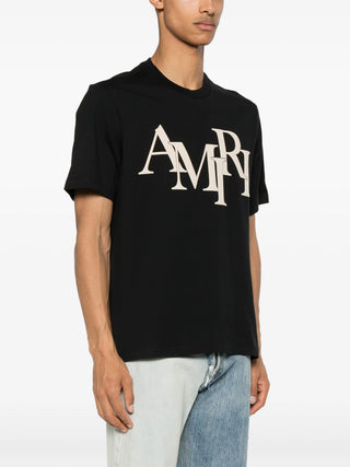 Amiri Staggered Logo Beige Printed T-Shirt in Black