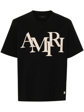 Amiri Staggered Logo Beige Printed T-Shirt in Black