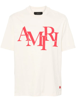 Amiri Staggered Logo Red Printed T-Shirt in Light Beige
