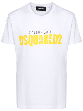 Dsquared2 Yellow Split Printed Logo T-Shirt in White