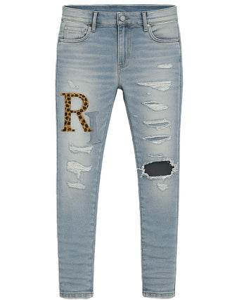 Amiri Leather Staggered Logo Jeans in Blue