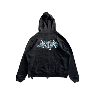 Amiri Black & White Embroidered Dragon Logo Zip Up Hoodie