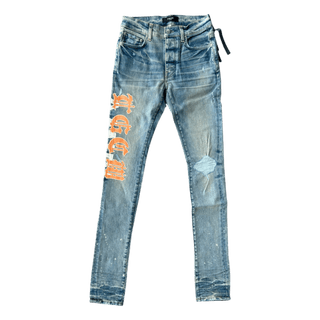 Amiri Clay Indigo T.G.C.W Distressed Logo Jeans