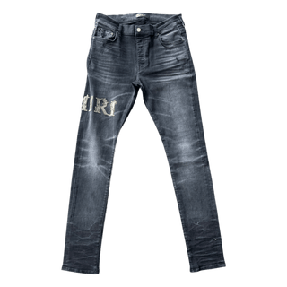 Amiri Faded Black Baroque Varsity Logo Jeans