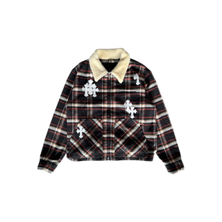 Chrome Hearts Black & Red Cross Patch Plaid Sherpa Jacket