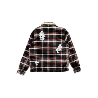 Chrome Hearts Black & Red Cross Patch Plaid Sherpa Jacket