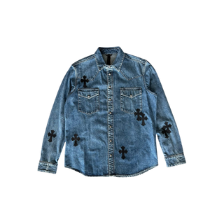 Chrome Hearts Blue & Black Cross Patch Denim Button Up Shirt