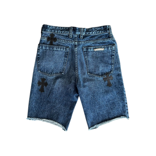 Chrome Hearts Blue & Black Cross Patch Denim Shorts