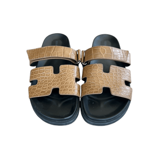 Hermes Black & Brown Crocodile Chypre Sandals
