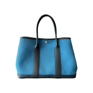 Hermes Blue Canvas & Black Togo Garden Party 30