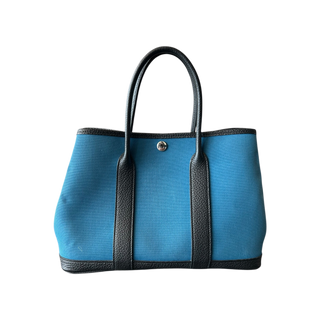 Hermes Blue Canvas & Black Togo Garden Party 30