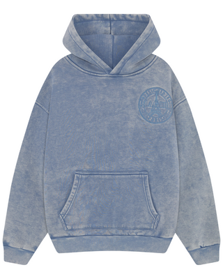 Magiri Embroidered Acid Wash Hoodie in Washed Blue