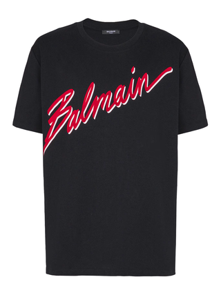 Balmain Flocked Red Letter Logo T-Shirt in Black