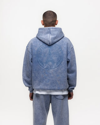 Magiri Embroidered Acid Wash Hoodie in Washed Blue