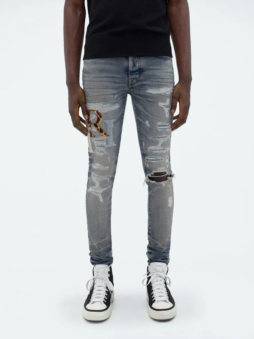 Amiri Leather Staggered Logo Jeans in Blue
