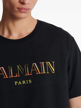 Balmain Paris Multi-Coloured Embroidered Logo T-Shirt in Black