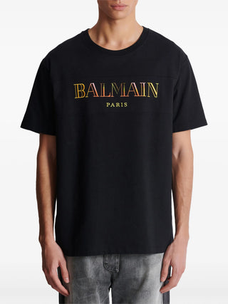 Balmain Paris Multi-Coloured Embroidered Logo T-Shirt in Black