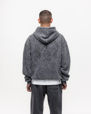 Magiri Embroidered Acid Wash Hoodie in Washed Grey
