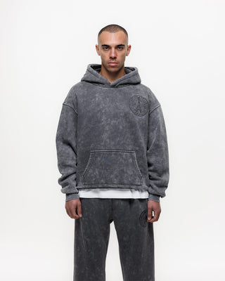 Magiri Embroidered Acid Wash Hoodie in Washed Grey
