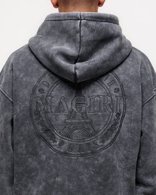 Magiri Embroidered Acid Wash Hoodie in Washed Grey