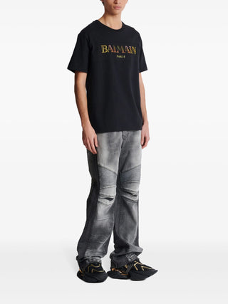 Balmain Paris Multi-Coloured Embroidered Logo T-Shirt in Black