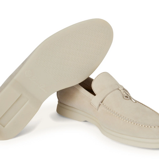 Loro Piana Summer Charms Walk Suede Pearl Powder Loafers