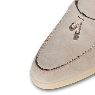 Loro Piana Summer Charms Walk Suede With Lny Fur Platinum Melange Loafers