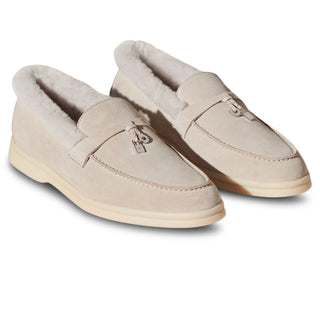 Loro Piana Summer Charms Walk Suede With Lny Fur Platinum Melange Loafers