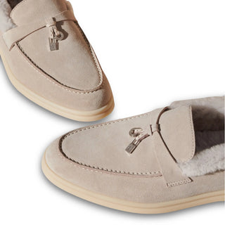 Loro Piana Summer Charms Walk Suede With Lny Fur Platinum Melange Loafers