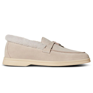 Loro Piana Summer Charms Walk Suede With Lny Fur Platinum Melange Loafers