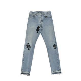Chrome Hearts Leather Cross Patch Denim Jeans Light Blue Wash W26