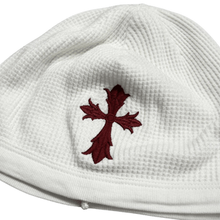 Chrome Hearts Vintage Cross & Scroll Logo Thermal Skully Beanie White Red