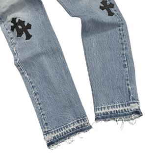Chrome Hearts Leather Cross Patch Denim Jeans Light Blue Wash W26