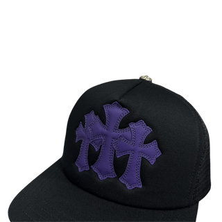 Chrome Hearts St. Barths Exclusive Purple 3 Leather Cross Patch Trucker Cap Black