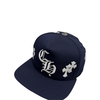 Chrome Hearts Leather Cross Patch CH Logo Snapback Cap Navy White