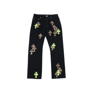 Chrome Hearts Green & Leopard Cross Patch Jeans Black