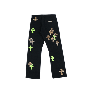 Chrome Hearts Green & Leopard Cross Patch Jeans Black