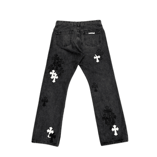 Chrome Hearts Black White Leather Cross Patch Fleur Knee Denim Jeans Grey