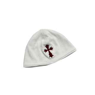 Chrome Hearts Vintage Cross & Scroll Logo Thermal Skully Beanie White Red