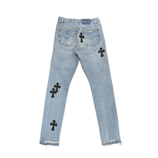 Chrome Hearts Leather Cross Patch Denim Jeans Light Blue Wash W26