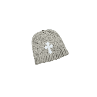 Chrome Hearts Cashmere White Leather Cross Patch Knit Pattern Beanie Cream
