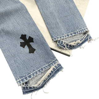 Chrome Hearts Leather Cross Patch Denim Jeans Light Blue Wash W26